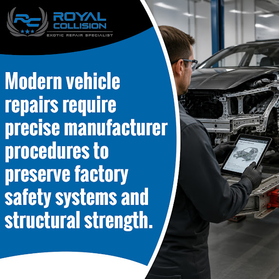 A collision repair technician holding a diagnostic tablet showing manufacturer repair procedures in front of a dismantled vehicle chassis at Royal Collision, with text emphasizing that modern vehicle repairs require precise manufacturer procedures to preserve factory safety systems and structural strength.