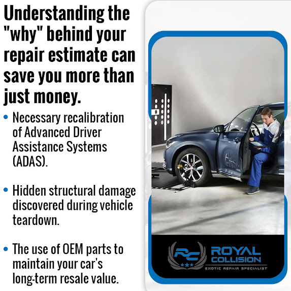 Royal Collision diagnostic inspection in Riverside explaining hidden structural damage, ADAS recalibration, and OEM parts considerations that can affect your vehicle repair estimate and long-term value.