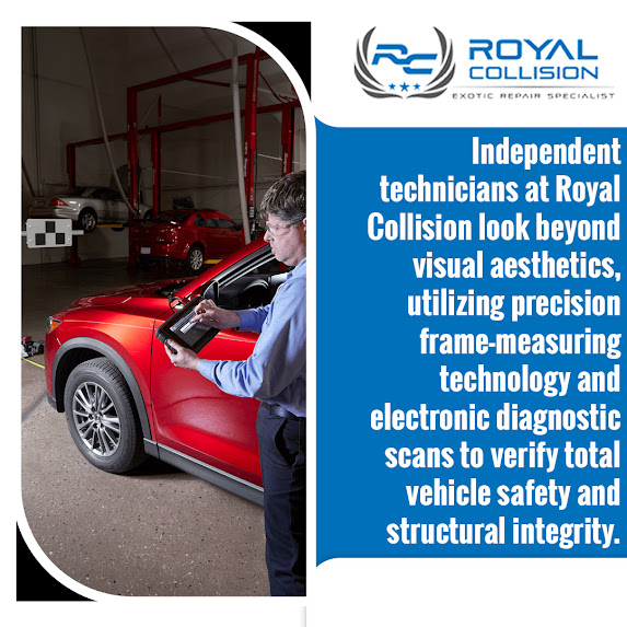 Graphic from Royal Collision highlighting frame-measuring technology and diagnostic scans to verify structural integrity.