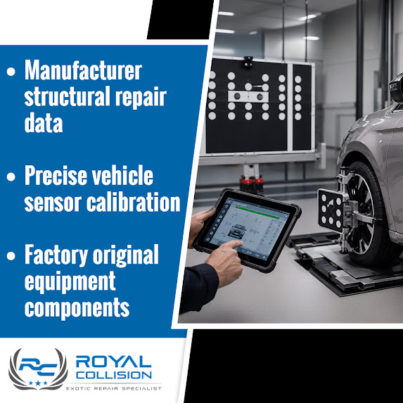 A technician using a diagnostic tablet for vehicle ADAS sensor calibration next to a alignment target setup at Royal Collision, highlighting manufacturer structural repair data, precise sensor calibration, and factory original equipment components.