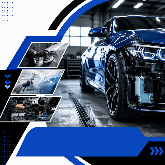 A blue BMW sports car undergoing bodywork repairs, with inset thumbnail images displaying sanding, paint spraying, and frame alignment steps.
