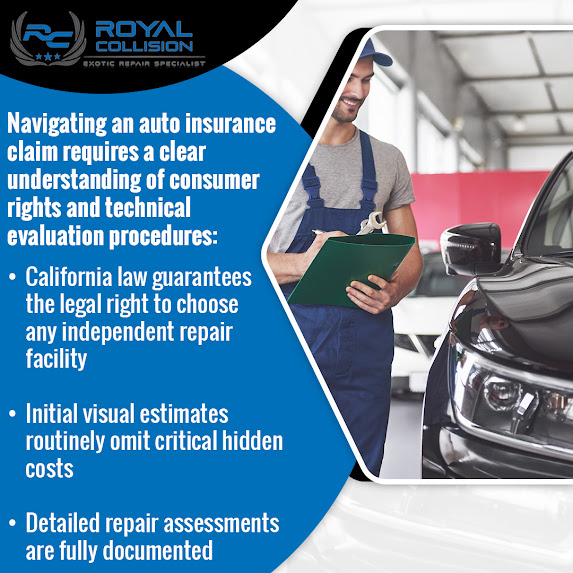 Infographic from Royal Collision outlining auto insurance claim rights and independent repair facility choices under California law.