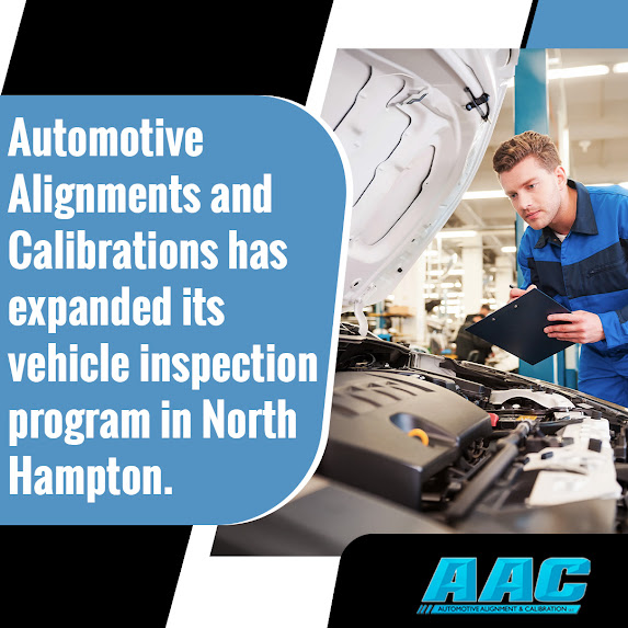 Promotional graphic for Automotive Alignments and Calibrations (AAC) announcing an expanded vehicle inspection program in North Hampton. The image features a mechanic in blue overalls inspecting a car's engine bay while taking notes on a clipboard. Includes a call to action to call (603) 988-0300.