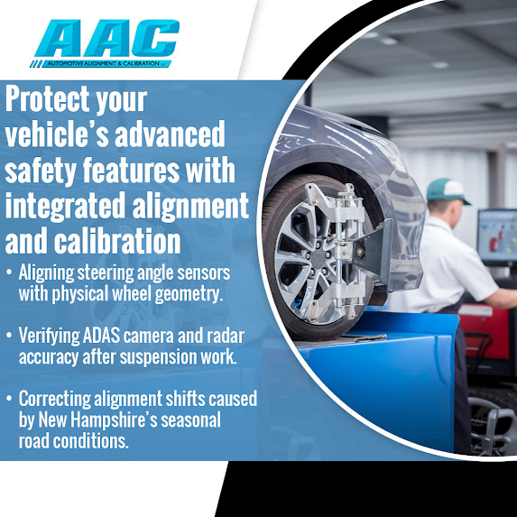 Vehicle on an alignment rack at Automotive Alignments and Calibrations during integrated alignment and ADAS calibration to verify steering angle sensors, camera accuracy, and radar performance in North Hampton