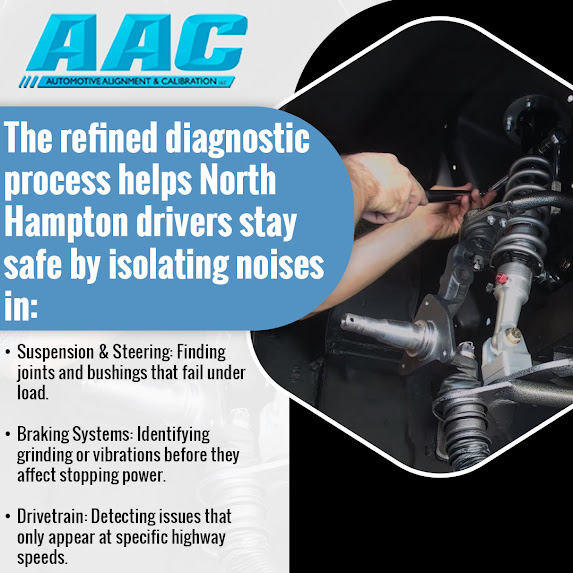 Technician inspecting suspension and steering components at Automotive Alignments and Calibrations to isolate suspension, braking, and drivetrain noise issues for North Hampton drivers