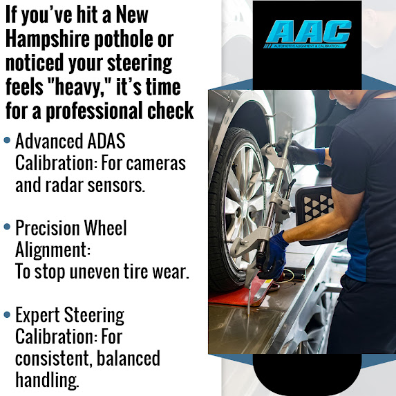 Technician performing wheel alignment and ADAS steering calibration at Automotive Alignments and Calibrations in New Hampshire
