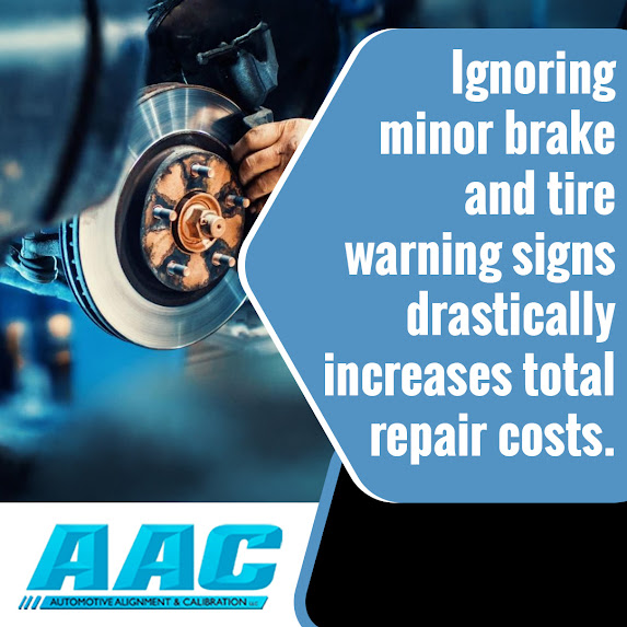 Graphic from AAC warning about the cost of ignoring minor brake and tire issues, featuring a brake rotor.