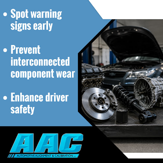 Infographic from AAC listing benefits of early component inspection, featuring various disassembled auto parts.
