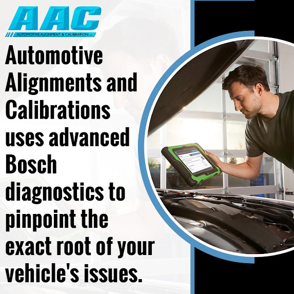 Technician using a Bosch diagnostic tablet at Automotive Alignments and Calibrations to identify the cause of a vehicle issue
