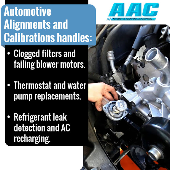 Clogged filters and failing blower motors. Thermostat and water pump replacements. Refrigerant leak detection and AC recharging