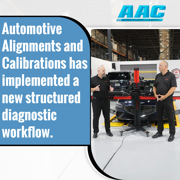 Infographic from Automotive Alignment & Calibration (AAC) explaining an updated diagnostic system for vehicle reliability. It lists three steps: standardized electronic scans for sensor faults, physical inspections for mechanical wear, and system-wide evaluations of connected components. Includes a photo of a technician using a handheld diagnostic tablet in a BMW and a phone number (603) 988-0300.