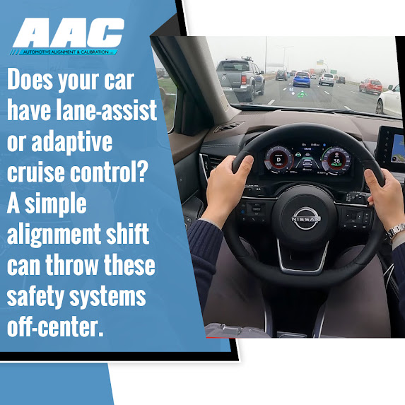 Driver-view of a vehicle dashboard with lane-assist and adaptive cruise control, highlighting the need for proper wheel alignment and calibration