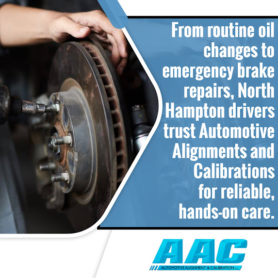 Close-up of brake repair service at Automotive Alignments and Calibrations in North Hampton, NH