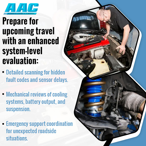Marketing infographic from Automotive Alignment & Calibration (AAC) advising drivers to prepare for travel with a system-level evaluation. It details three service components: detailed scanning for hidden fault codes, mechanical reviews of cooling systems, battery output, and suspension, and emergency support coordination. Features photos of a mechanic working on a car engine and a gloved hand repairing a blue and gold car suspension strut. Includes the phone number (603) 988-0300.