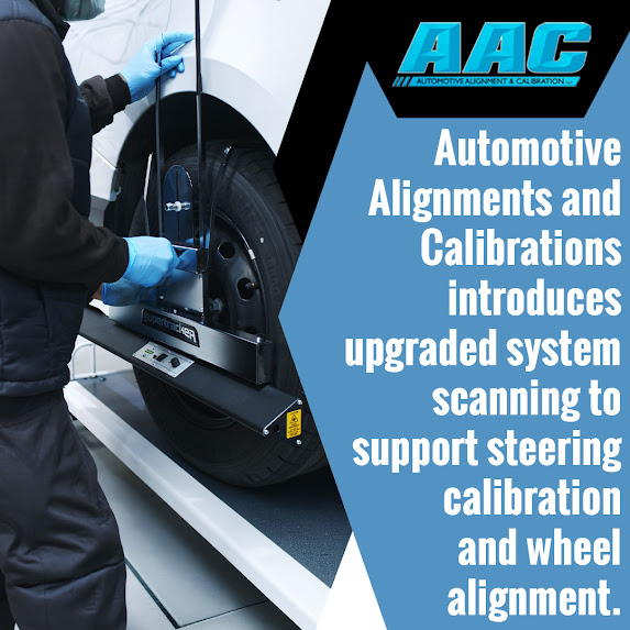 Infographic from Automotive Alignment & Calibration (AAC) highlighting precision calibration steps for vehicle safety and handling. Text highlights steering angle sensor restoration, ADAS calibration for lane tracking/radar systems, and comprehensive wheel alignments for drift and tire wear. Visual features a technician setting up specialized calibration equipment in front of a white Volkswagen car. Includes phone number (603) 988-0300.