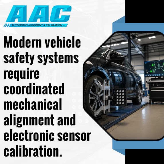 Graphic from AAC explaining why modern vehicle safety systems require mechanical alignment and electronic calibration.