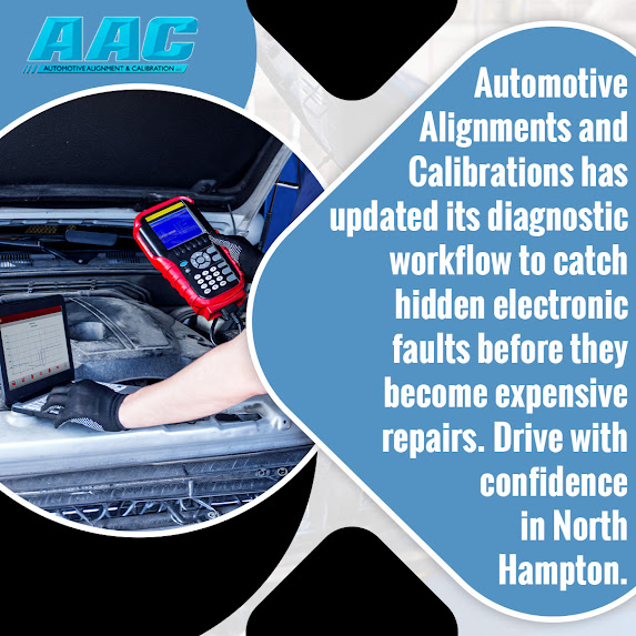 Diagnostic scan in progress under the hood at Automotive Alignments and Calibrations to detect hidden electronic faults before they turn into costly vehicle repairs in North Hampton.