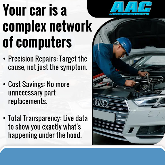 Technician performing vehicle computer diagnostics and precision repairs at Automotive Alignments and Calibrations