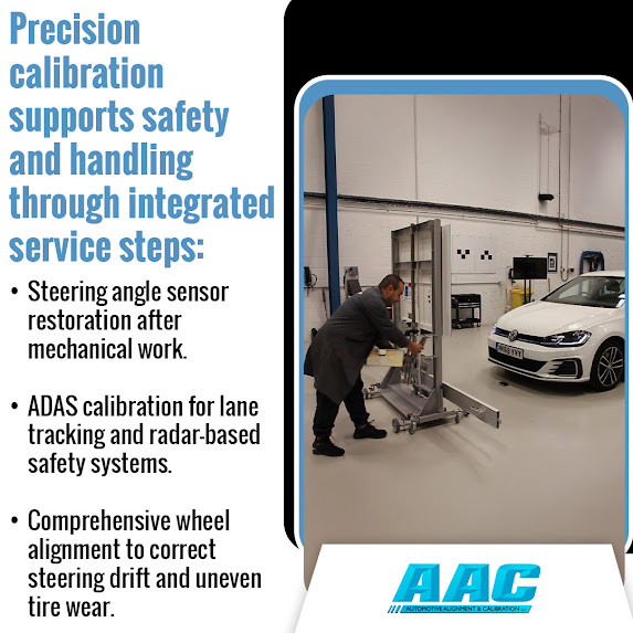 Promotional graphic from Automotive Alignments and Calibrations (AAC) introducing upgraded system scanning for steering calibration and wheel alignment. The image displays a technician wearing blue gloves mounting a Supertracker wheel alignment tool onto a vehicle's tire. Includes a call-to-action to call (603) 988-0300.