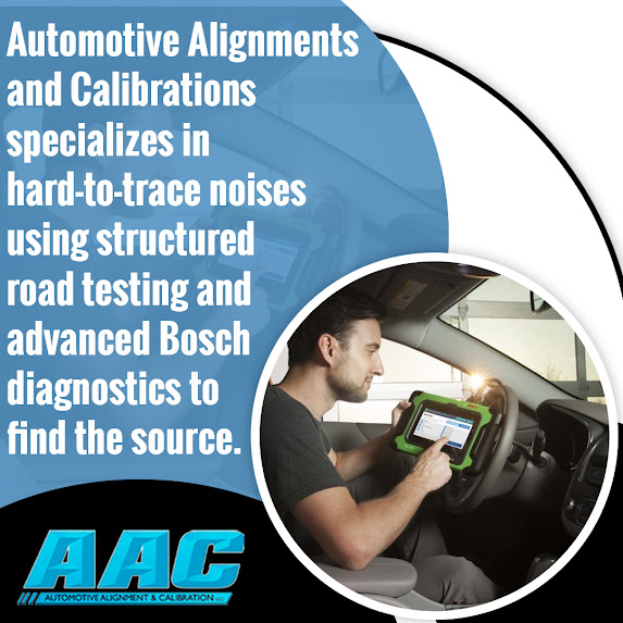 Automotive Alignments and Calibrations technician using advanced Bosch diagnostics inside a vehicle to trace hard-to-find noises through structured testing in North Hampton.