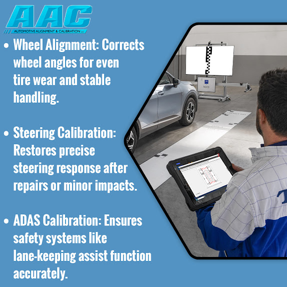 Technician performing ADAS calibration and wheel alignment using diagnostic equipment in an auto shop