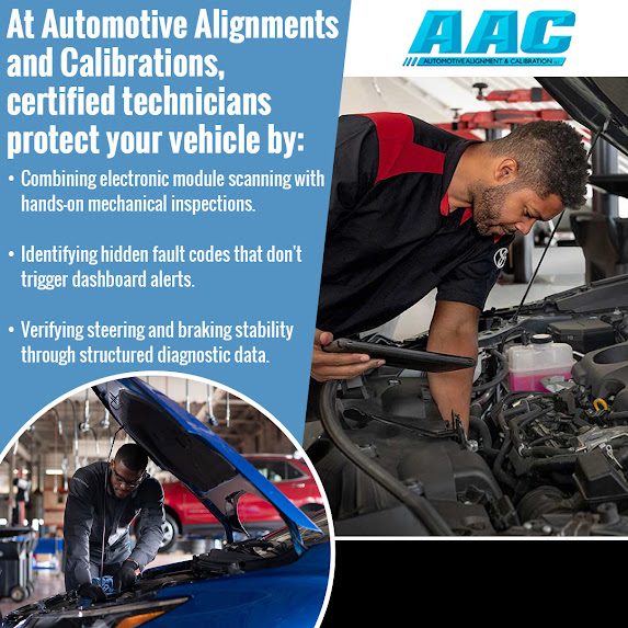 Certified technician at Automotive Alignments and Calibrations performing electronic module scanning and hands-on vehicle diagnostics to identify hidden fault codes and verify steering and braking stability in North Hampton