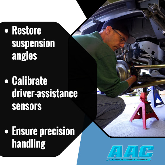 Infographic from AAC listing wheel alignment benefits, showing a mechanic adjusting a car's suspension undercarriage.