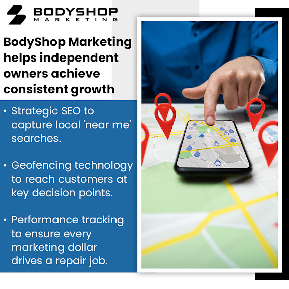 Hand pointing to a digital map on a phone, highlighting strategic SEO and performance tracking for independent body shop growth