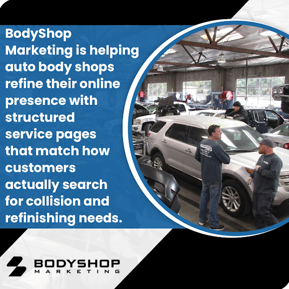 BodyShop Marketing infographic on optimized service pages as a key driver for local search visibility and lead generation for auto body repair shops