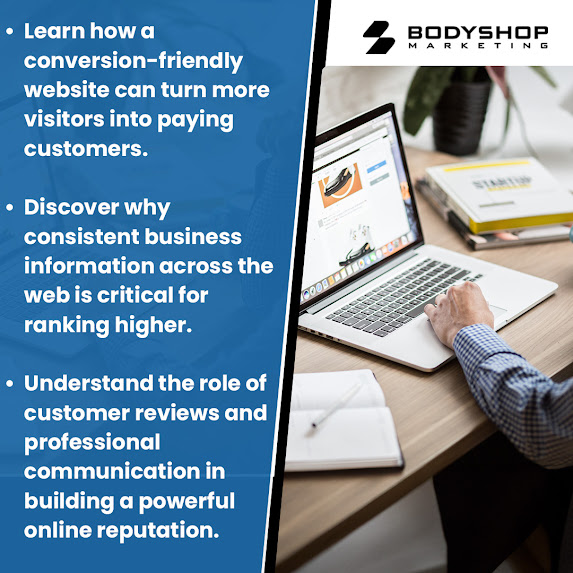 Person working on website optimization and local SEO strategy for auto body shop marketing