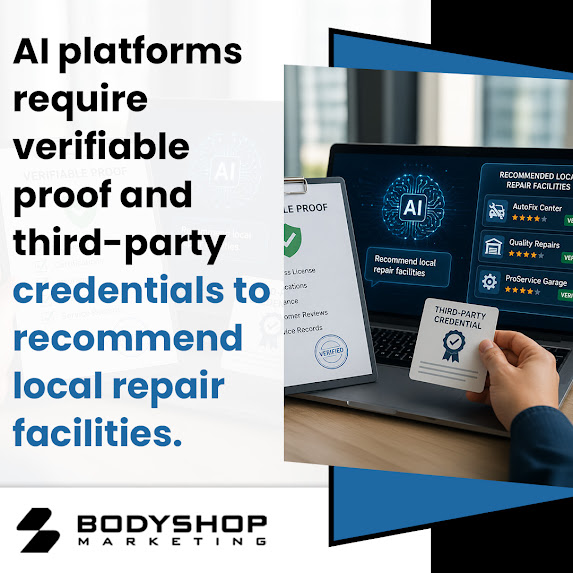 An advertisement illustrating how AI platforms require third-party credentials to recommend local auto repair shops.