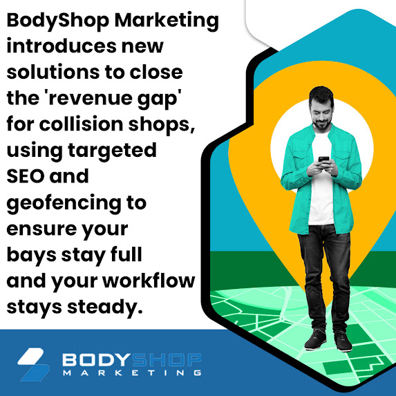 Man using a smartphone inside a large map pin, illustrating geofencing and SEO services to close the revenue gap for collision shops