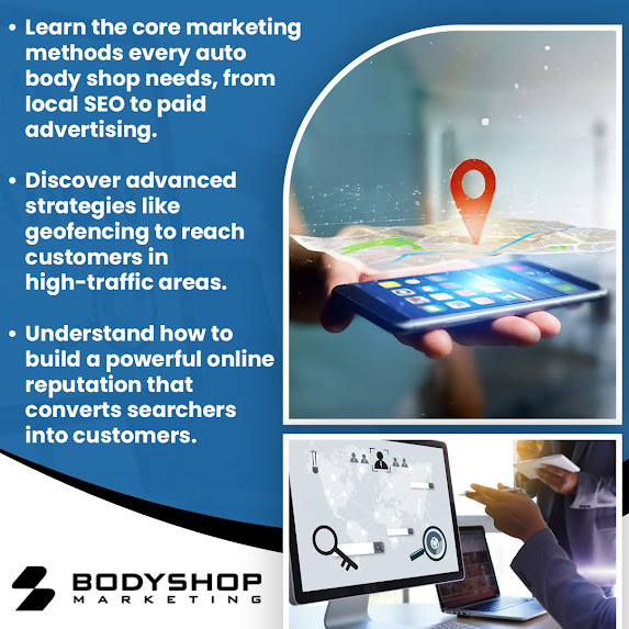 Digital marketing tools showing local SEO, geofencing, and online reputation strategies for auto body shops