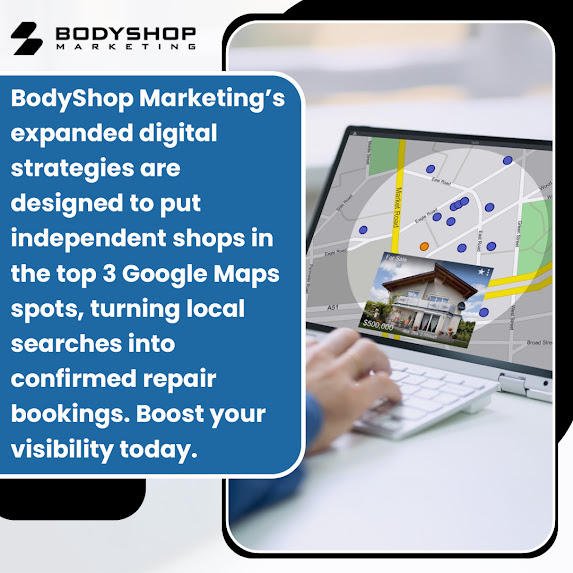Infographic showing Google Maps local search results for independent body shops to increase repair bookings