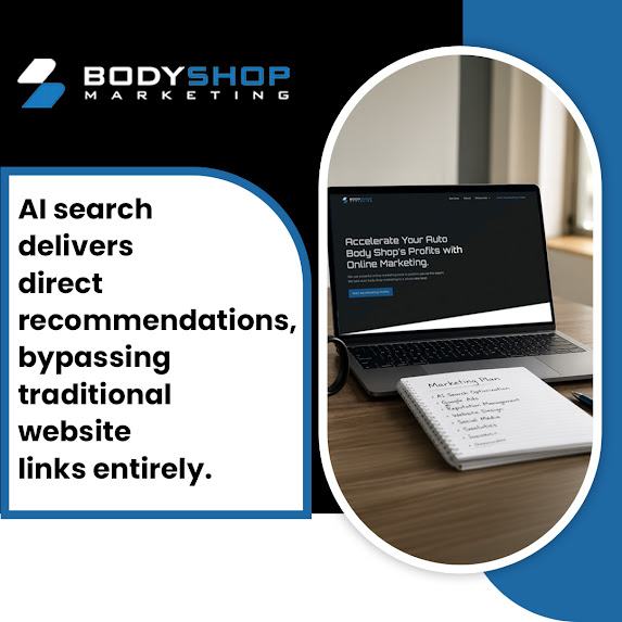 Graphic from BodyShop Marketing explaining how AI search bypasses traditional links, showing a laptop and planner.
