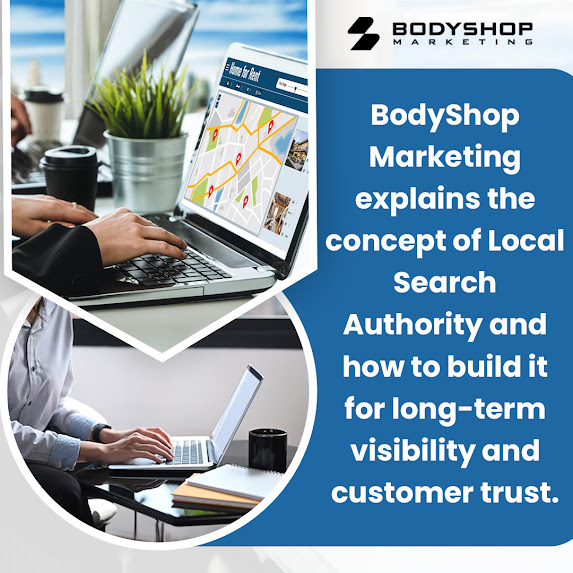 Laptop showing local SEO map listings and search optimization strategy for auto body shop marketing