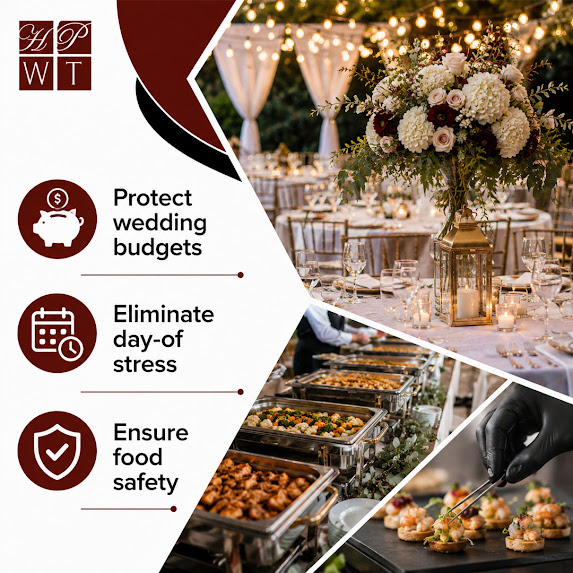 An elegant wedding reception dining table with floral centerpieces and string lights above a catered buffet line being served with food safety tongs.