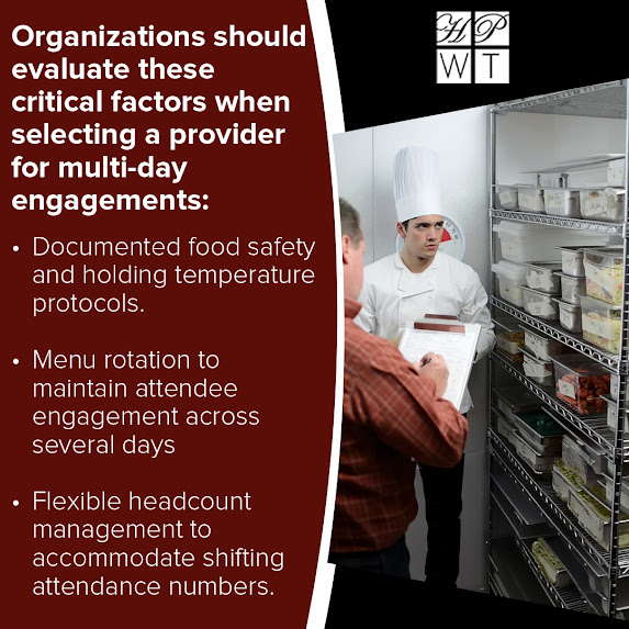 Chef reviewing organized food prep and storage for a multi-day corporate catering event in Utah by Have Party Will Travel, emphasizing food safety protocols, menu rotation, and logistical planning.