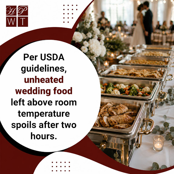 Stainless steel chafing dishes filled with roasted chicken and vegetables at a wedding reception buffet with the bride and groom blurred in the background.