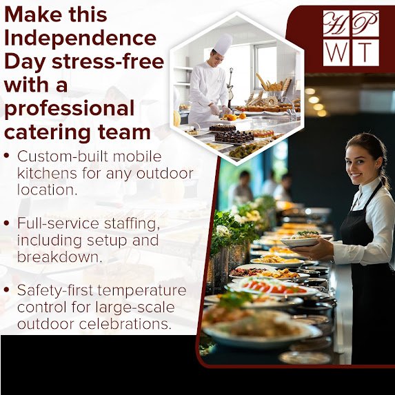 Professional catering team serving buffet dishes at a large outdoor celebration with full-service event support by Have Party Will Travel