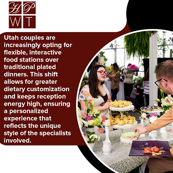 Guests enjoying interactive food stations at a Utah wedding reception catered by Have Party Will Travel, highlighting flexible menu options and a lively dining experience.