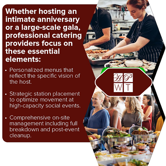 Catering team preparing food and guests enjoying buffet service at a Utah event by Have Party Will Travel, highlighting personalized menus, strategic station placement, and full-service event catering.