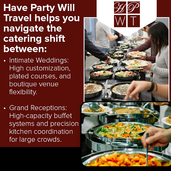 Guests serving themselves at a catered wedding buffet with plated dishes and chafing stations by Have Party Will Travel