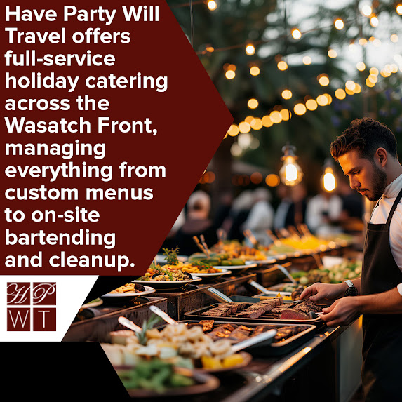 Chef preparing food at an outdoor buffet for a full-service holiday catering event by Have Party Will Travel along the Wasatch Front