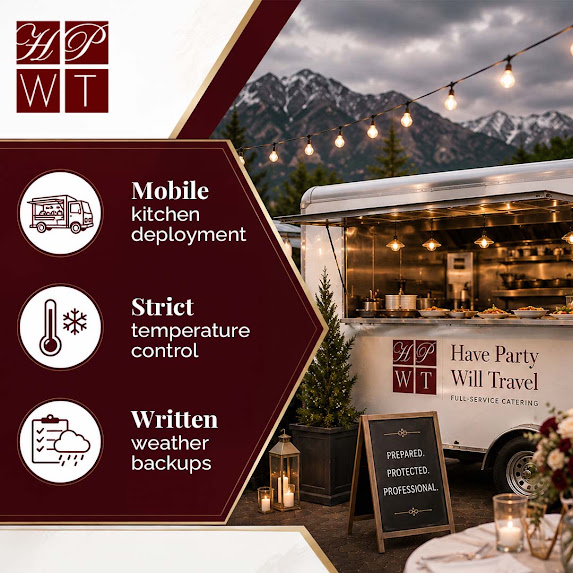 An illuminated mobile catering trailer with plated food served outdoors next to bullet points detailing mobile kitchen deployment and temperature control.
