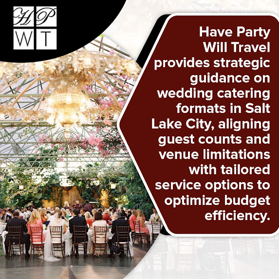 Graphic from Have Party Will Travel highlighting wedding catering formats, showing a reception inside a floral greenhouse.