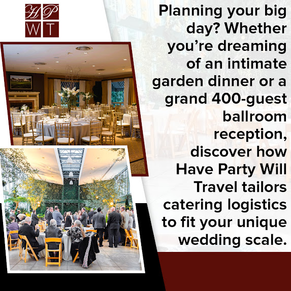 Wedding reception venues with seated banquet setups, highlighting catering logistics for intimate and large-scale events by Have Party Will Travel