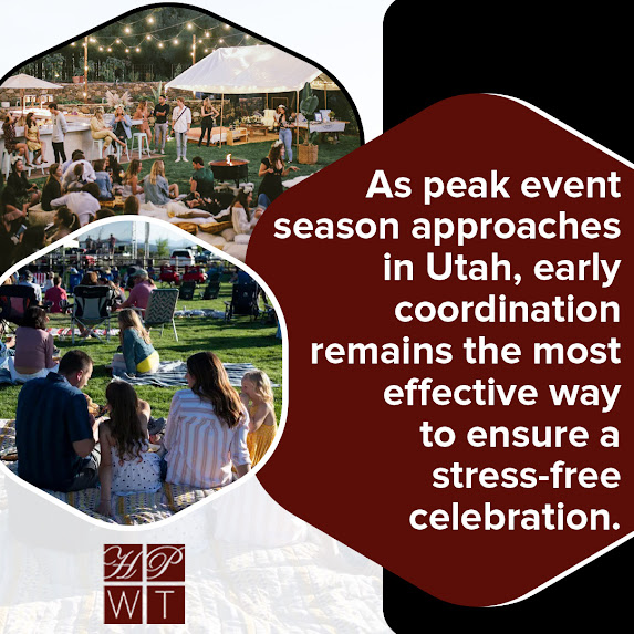 Guests gathered at an outdoor catered event in Utah by Have Party Will Travel, showing early event coordination, social dining setup, and seasonal celebration planning.