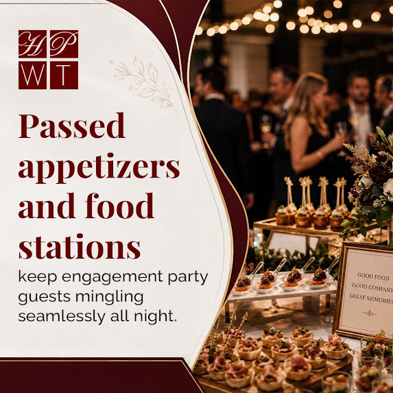 Guests mingling at an evening engagement party near a catering table filled with passed bite-sized appetizers and finger foods.