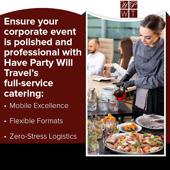 Marketing infographic from Have Party Will Travel (HPWT) highlighting full-service catering for polished and professional corporate events. Key highlights listed are Mobile Excellence, Flexible Formats, and Zero-Stress Logistics. The visual features a server in black gloves pouring a drink from a glass pitcher during a business meeting in an office conference room, with an elegant spread of appetizers and snacks in the foreground. Includes the phone number (801) 269-8400.